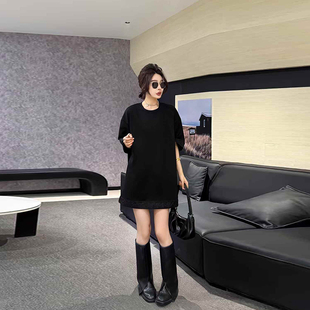 加肥女拼花纹边圆领短袖上衣宽松遮肚子胖妹妹韩版减龄休闲T恤衫