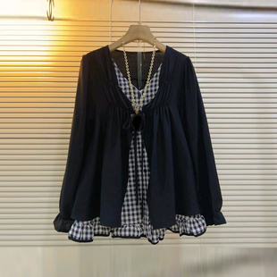 减龄百搭小衫 大码 上衣胖MM宽松遮肚子韩版 拼接格子假两件长袖 女装