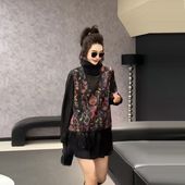 加肥大码 小衫 女装 V领花纹国风拼底摆马甲胖妹妹百搭显瘦高领长袖