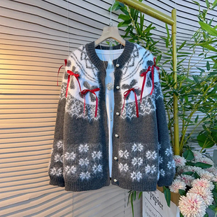 大码 女装 韩版 加肥圆领拼色长袖 百搭2026新款 针织衫 秋冬款 外套 开衫