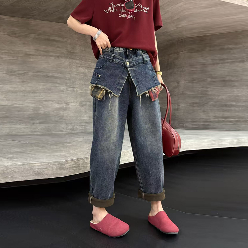 加肥后腰松紧腰加绒牛仔裤-