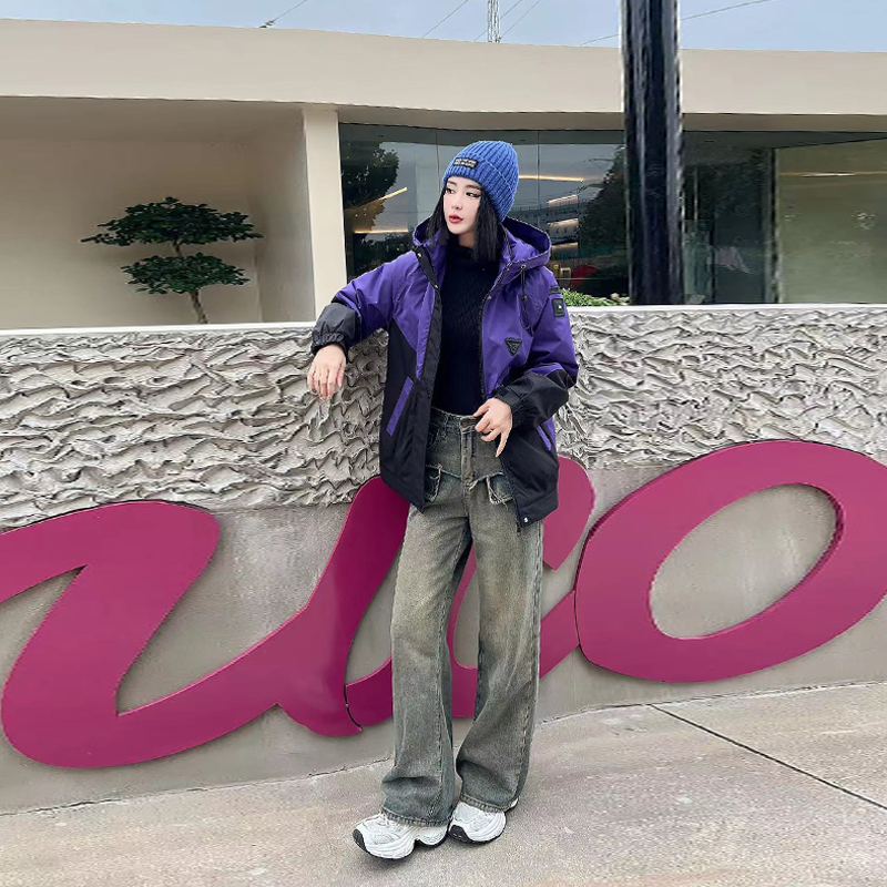 大码女装连帽撞色棉服外套