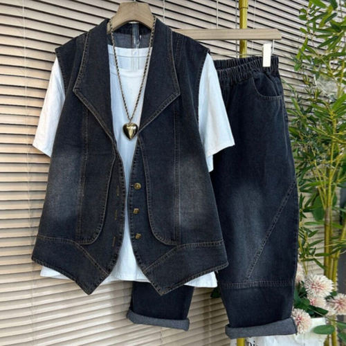 马甲两件套长裤+短袖白色打底衫