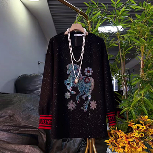 女装 胖妹妹拼色袖 大码 上衣宽松遮肚子韩版 休闲卫衣 口亮钻图案长袖