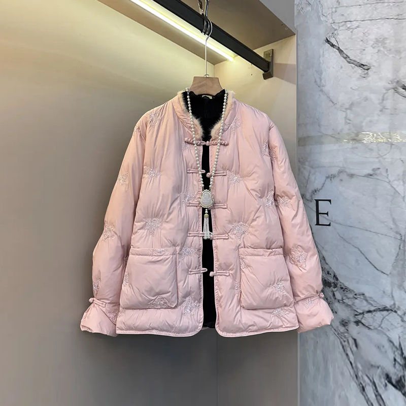 立领毛边盘扣棉服外套