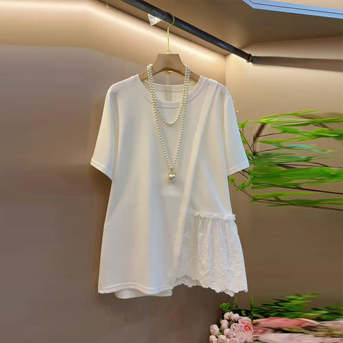 圆领短袖侧拼接蕾丝上衣