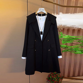 款 女装 大翻领长袖 胖妹妹秋季 开衫 外套大码 黑色中长款 显瘦西服上衣