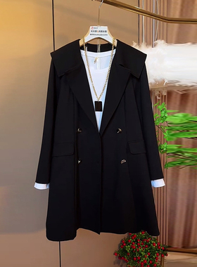 胖妹妹秋季款大翻领长袖开衫外套大码女装黑色中长款显瘦西服上衣