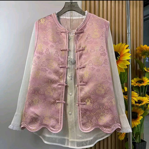 长袖暗花小衫波浪底摆盘扣马甲