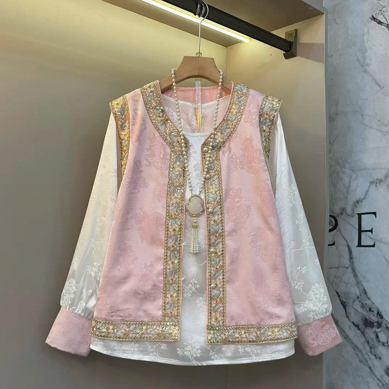 胖MM拼色袖口暗花小衫花朵国风马甲加肥大码女装复古风洋气两件套,女装/女士精品,大码套装,淘宝优惠券,粉丝福利购,淘宝优惠卷