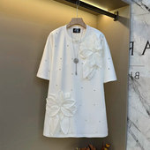 T恤衫 韩版 大码 胖MM加肥立体花朵短袖 女装 宽松百搭减龄设计感上衣