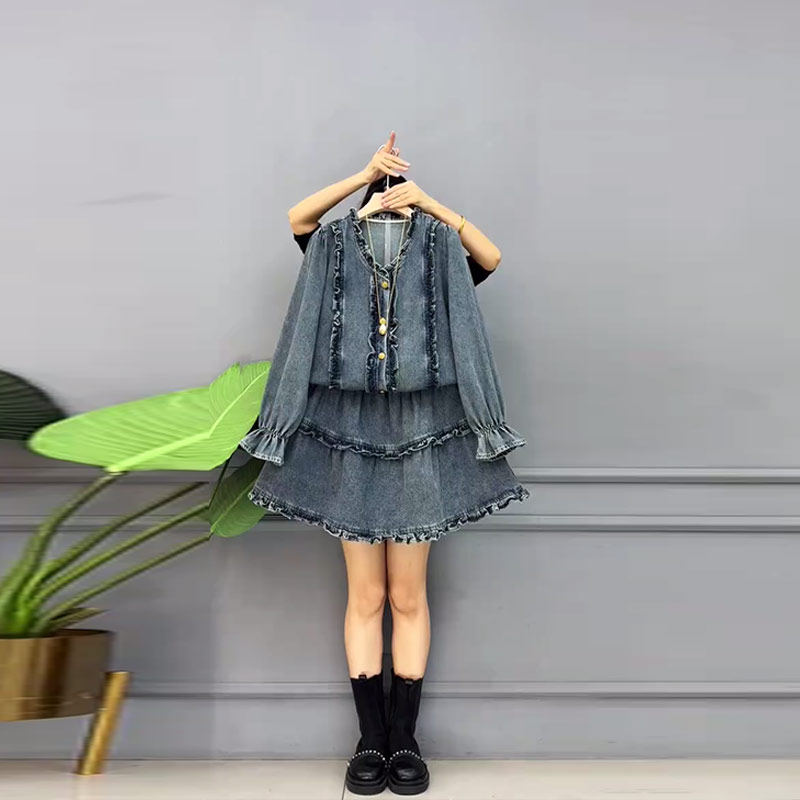 加大码女操作荷叶领长袖上衣短裙欧洲站2026新款学院风牛仔两件套,女装/女士精品,大码套装,淘宝优惠券,粉丝福利购,淘宝优惠卷