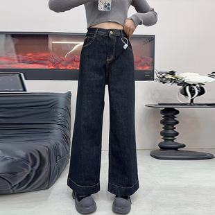胖妹妹阔腿九分加绒牛仔裤韩版大码女装2024秋冬新款百搭简约长裤