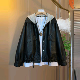 胖妹妹加肥拼色连帽长袖PU皮外套大码女装秋季款欧货洋气百搭上衣