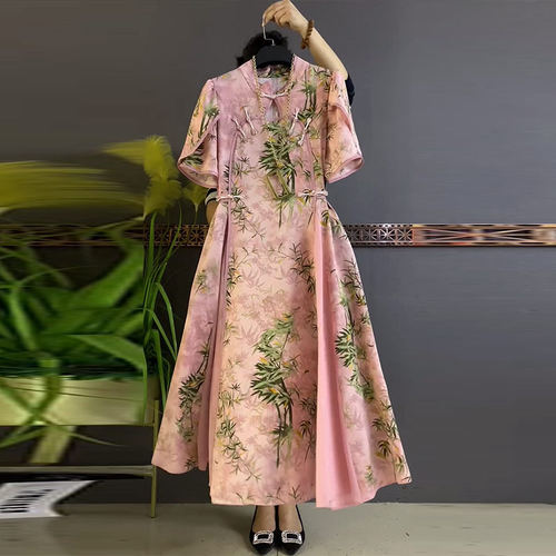 大码女装立领盘扣镂空竹叶连衣裙