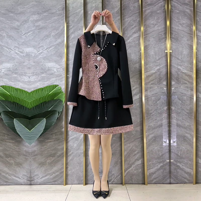 翻领拼色AB版长袖上衣两件套短裙