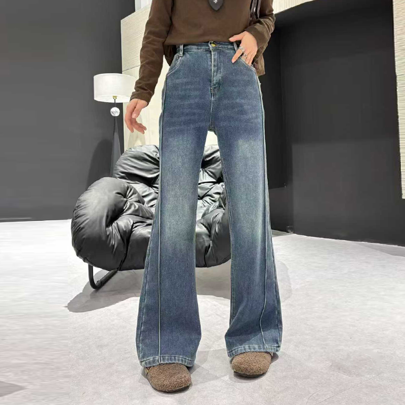 大码斜压线微喇牛仔裤子