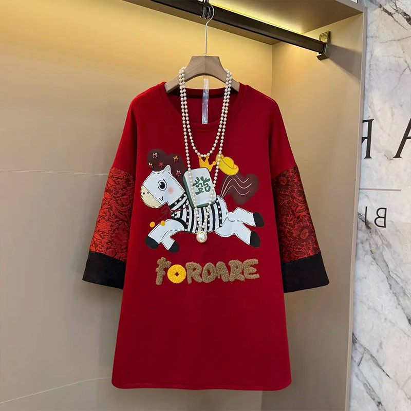 卡通图案拼色袖口连衣裙
