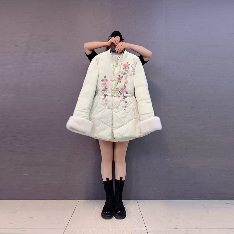 加肥立领毛边袖口盘扣刺绣棉服大码女装冬季款法式复古风洋气外套,女装/女士精品,大码棉服,淘宝优惠券,粉丝福利购,淘宝优惠卷