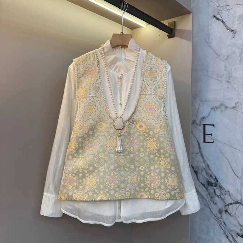 大码女装荷叶领长袖小衫胖妹妹时尚气质显瘦大U领钉珠边暗花马甲,女装/女士精品,大码内搭,淘宝优惠券,粉丝福利购,淘宝优惠卷