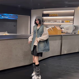 加肥圆领牛仔马甲大码女装欧洲站冬季款2025洋气新款毛毛内里坎肩