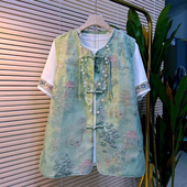 加肥立领流苏盘扣图案国风马甲胖妹妹百搭拼色袖 口斜盘扣半袖 T恤