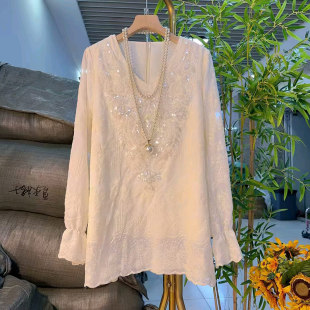 女装 胖妹妹加肥V领亮片微喇袖 大码 法式 名媛风小众设计上衣 口小衫