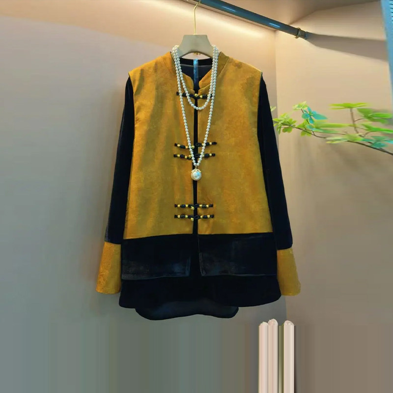 加大码女装立领盘扣花纹马甲拼色袖口小衫复古风胖妹妹时尚两件套,女装/女士精品,大码套装,淘宝优惠券,粉丝福利购,淘宝优惠卷