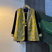 胖妹妹加肥盘扣花纹国风马甲大码 口小衫 女装 气质显瘦复古风拼色袖