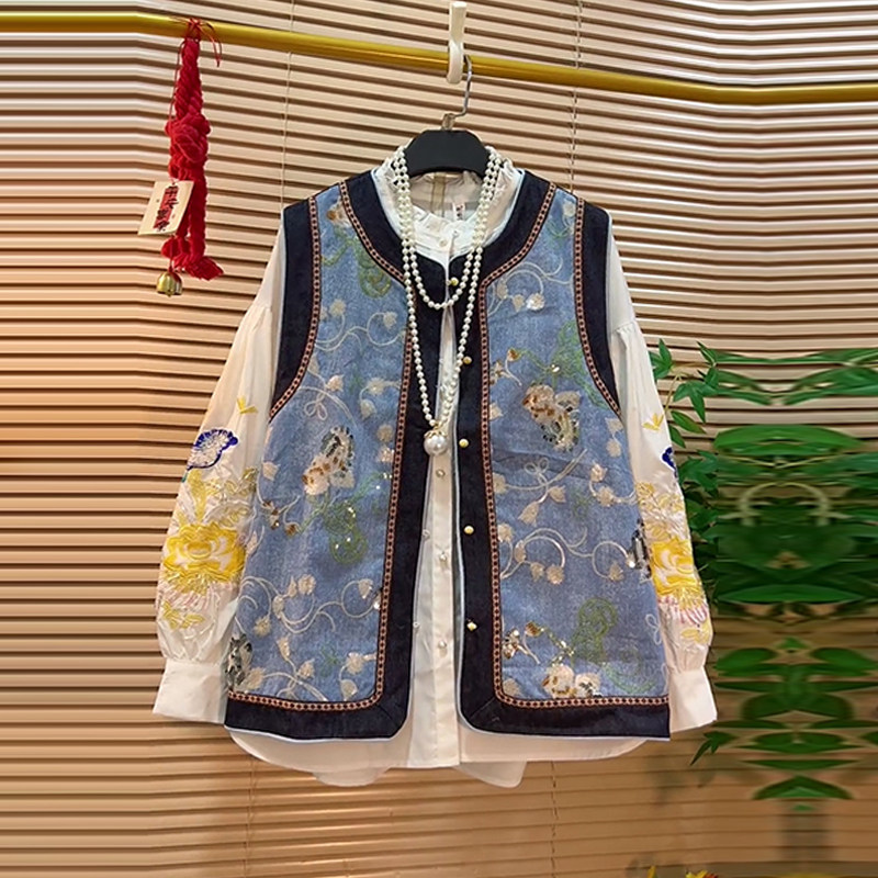 刺绣袖口长袖衬衫花纹国风马甲