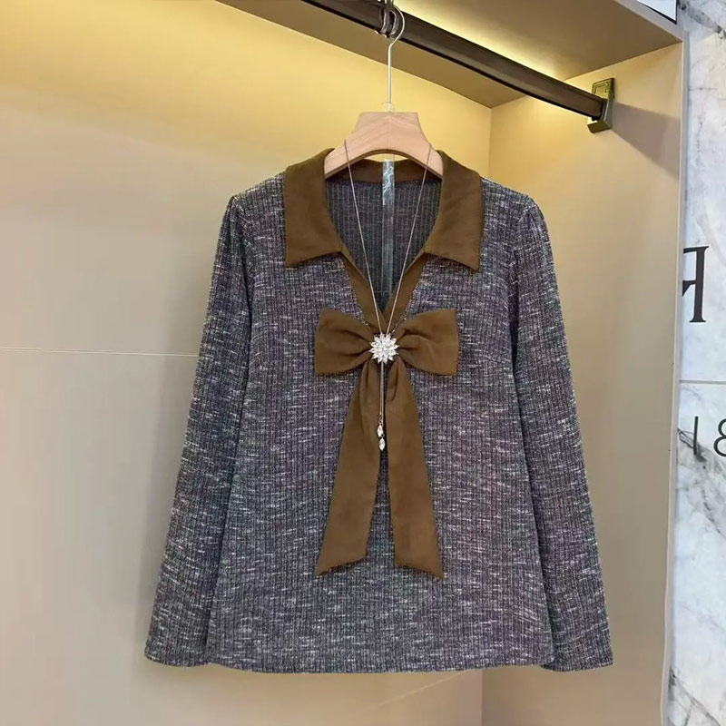 拼色翻领蝴蝶结长袖上衣