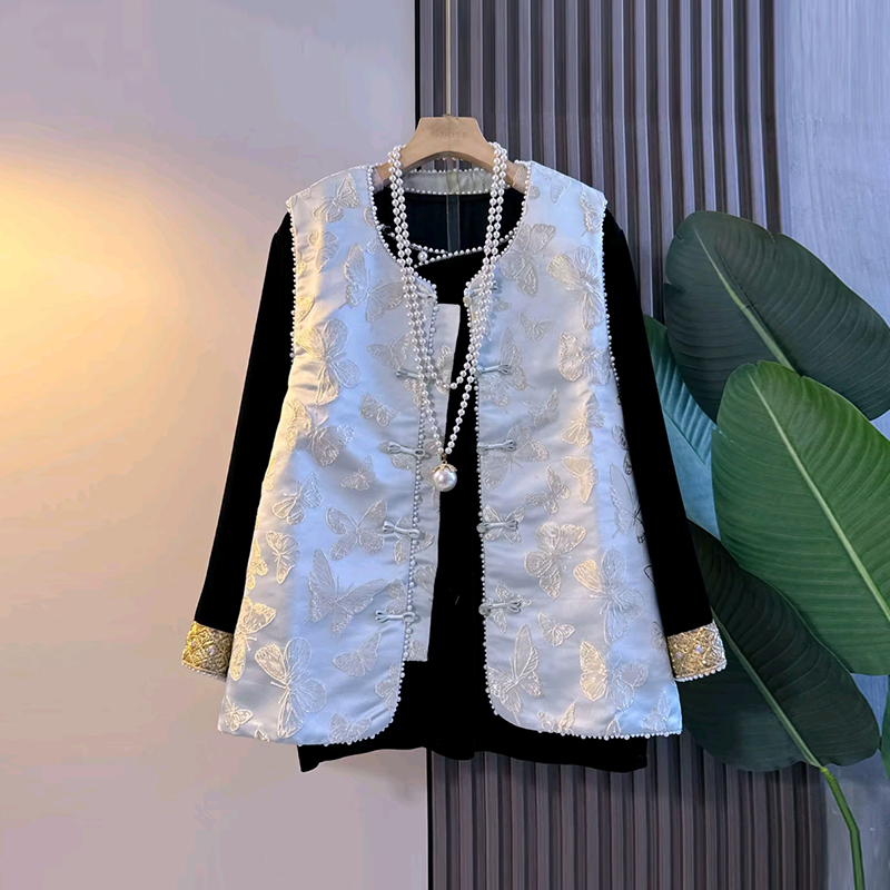 拼色袖口小衫蝴蝶花国风马甲