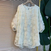 女装 胖妹妹法式 减龄百搭上衣潮 韩版 加大码 小众设计短袖 花朵蕾丝衫