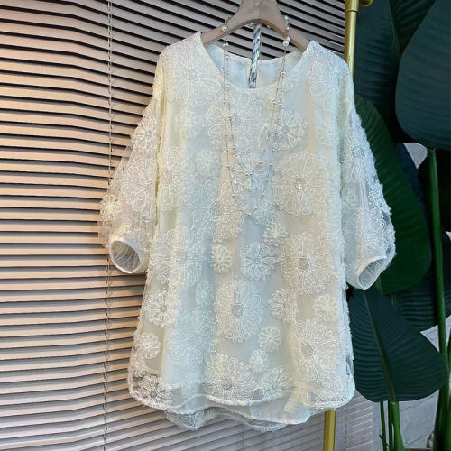 大码女装圆领满身花朵蕾丝衫