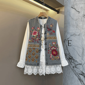 女装 花朵牛仔马甲胖妹妹韩版 气质减龄淑女风蕾丝底摆长袖 大码 衬衫