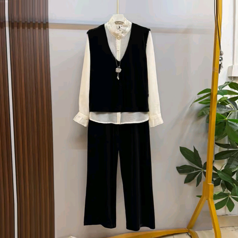 加肥V领马甲高领长袖打底衫阔腿长裤大码女装气质时尚通勤三件套,女装/女士精品,大码套装,淘宝优惠券,粉丝福利购,淘宝优惠卷