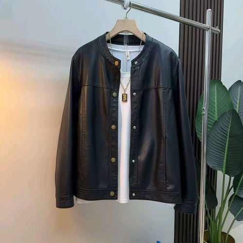 圆领纽扣开衫长袖皮外套