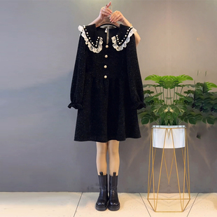 加肥娃娃领钉珠蕾丝荷叶边连衣裙胖MM大码女装小香风显瘦遮肉裙子