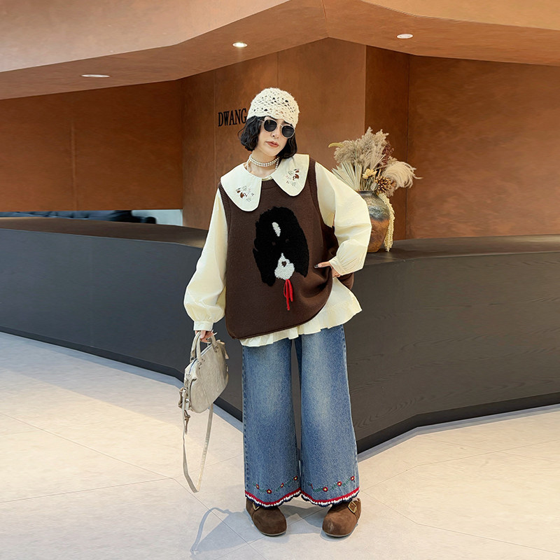 加肥女卡通图案针织马甲拼色裤脚裤子胖妹妹学院风娃娃领长袖衬衫,女装/女士精品,大码内搭,淘宝优惠券,粉丝福利购,淘宝优惠卷