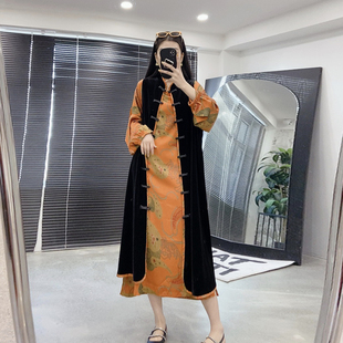 胖MM气质法式复古风花色连衣裙加肥大码女装立领盘扣长款两面马甲