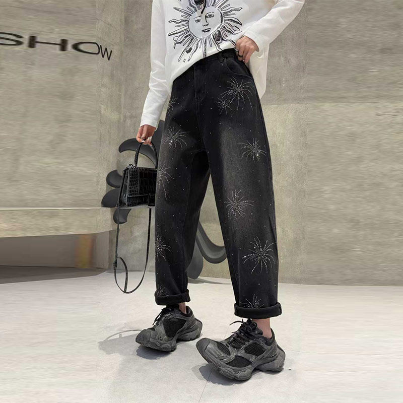 加肥松紧腰亮钻图案牛仔裤胖妹妹宽松遮胯欧洲站时尚简约百搭长裤,女装/女士精品,大码裤装,淘宝优惠券,粉丝福利购,淘宝优惠卷