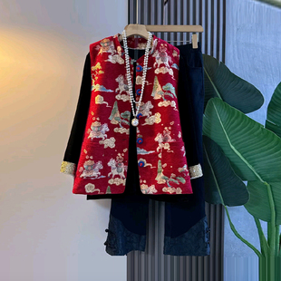 女装 脚裤 双兜花纹国风马甲拼色袖 胖妹妹暗花盘扣裤 子 口小衫 加大码