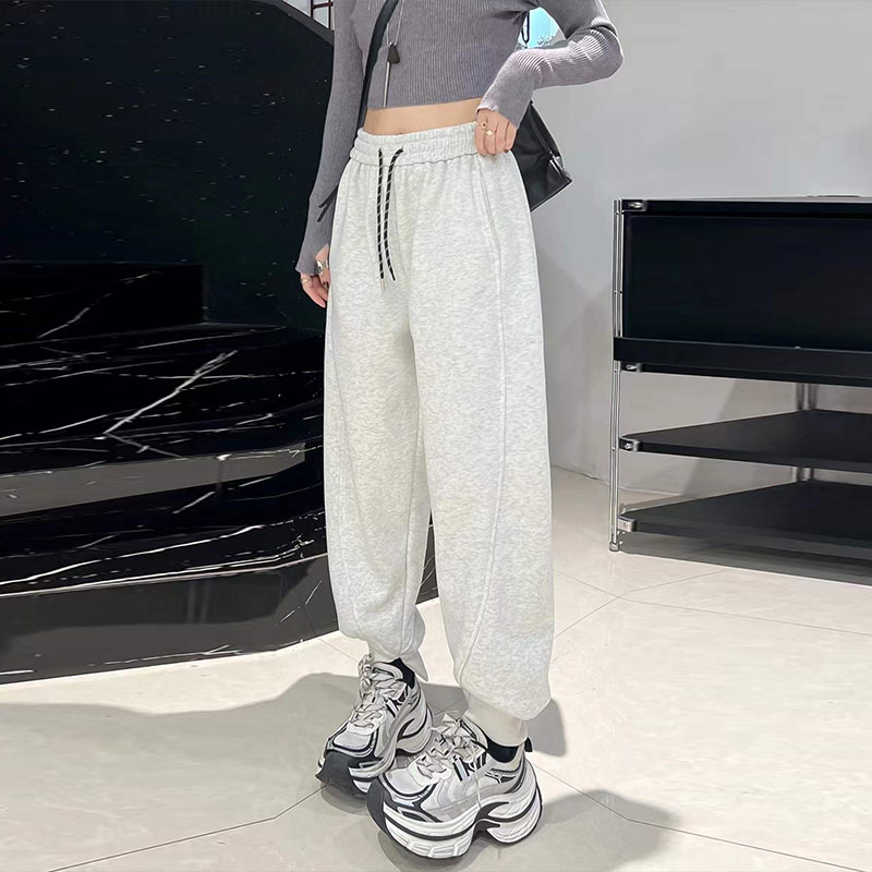 松紧腰系带束脚加绒裤子