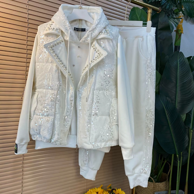翻领钉珠马甲卫衣亮片长裤套装