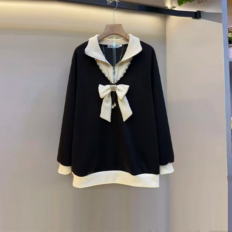 拼色翻领蝴蝶结长袖上衣