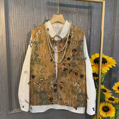 立领刺绣花朵国风马甲衬衫