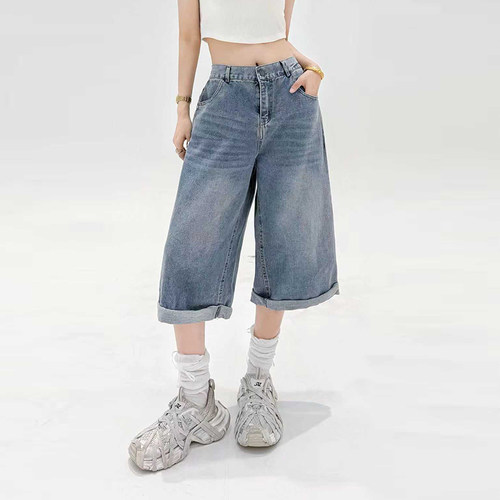 胖妹妹挽脚六分阔腿裤子