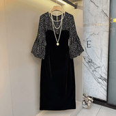 显瘦裙子 气质大码 口拼色裙摆轻熟风连衣裙法式 女装 胖MM加肥微喇袖