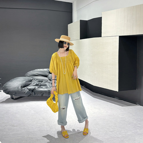 大码女装方领五分袖小衫