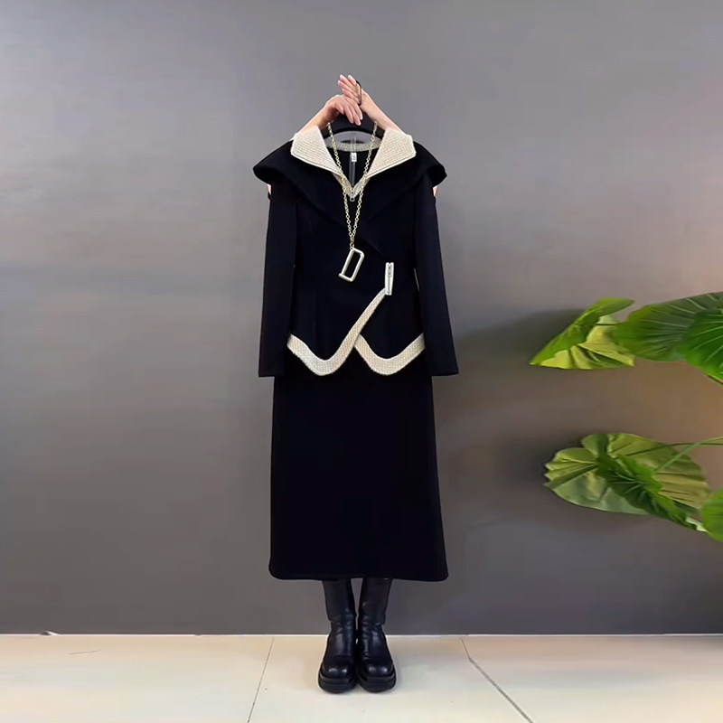 胖MM套装拼色翻领长袖上衣半身裙加肥大码女装时尚显瘦黑色两件套,女装/女士精品,大码套装,淘宝优惠券,粉丝福利购,淘宝优惠卷